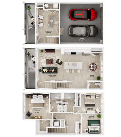 a 3 bedroom floor plan with a car and a garage